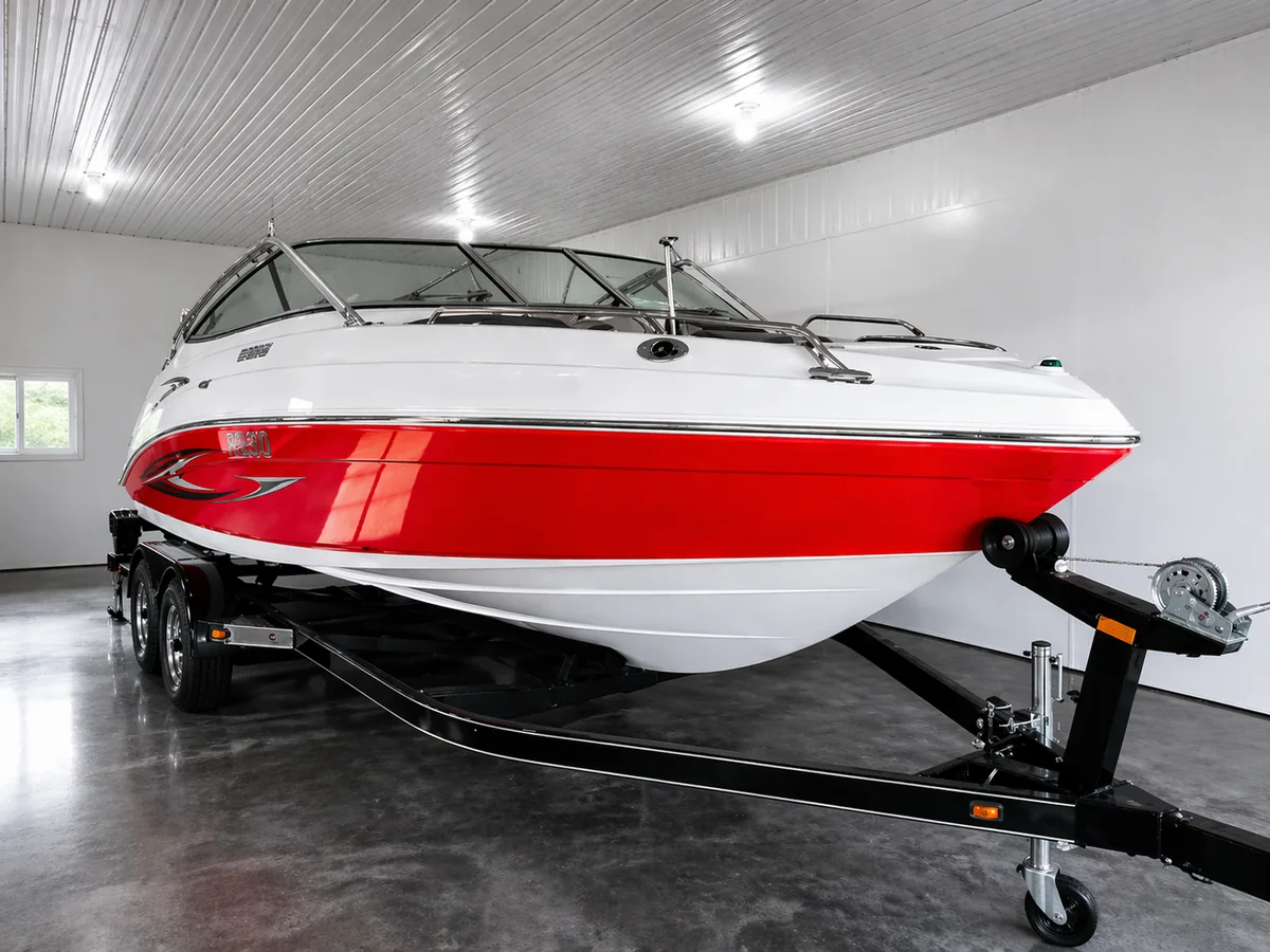 Detailed red and white boat on a trailer with a polished hull