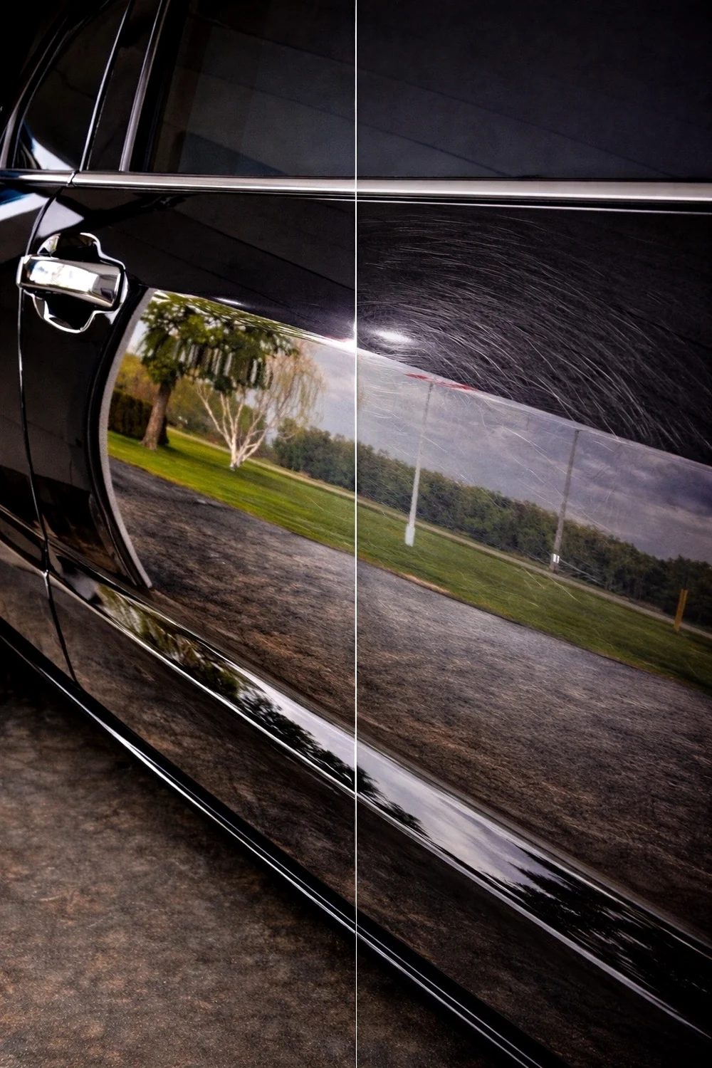 Paint correction before and after panel comparison