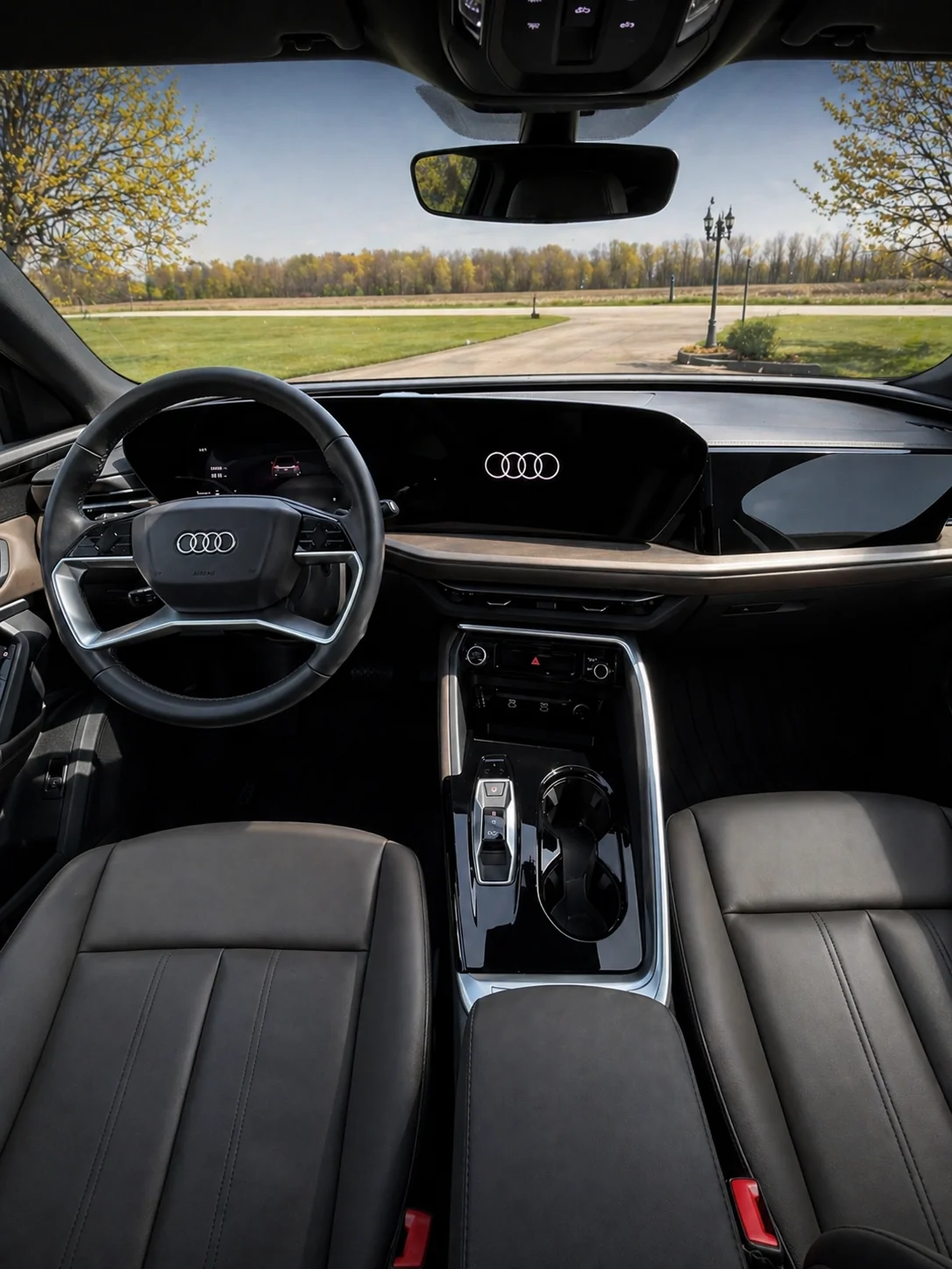 Audi interior with steering wheel and console aligned